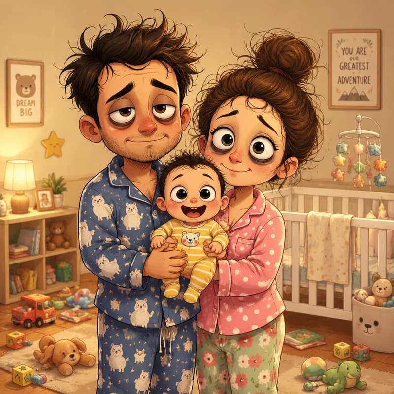 Caricature of sleepy new parents holding a wide-awake baby in a nursery