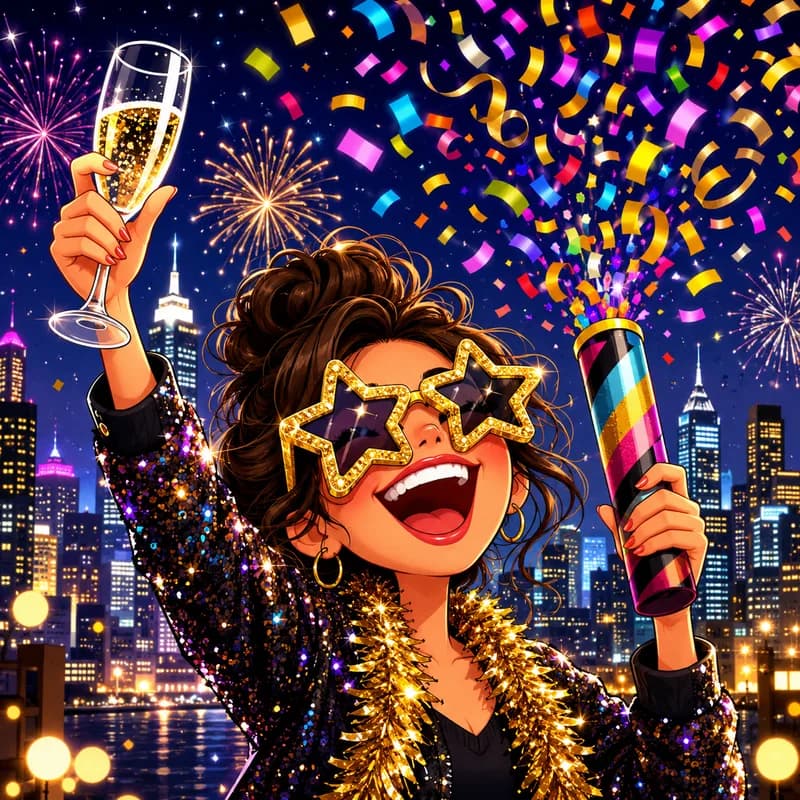 Caricature of a person celebrating New Year's midnight with confetti and champagne