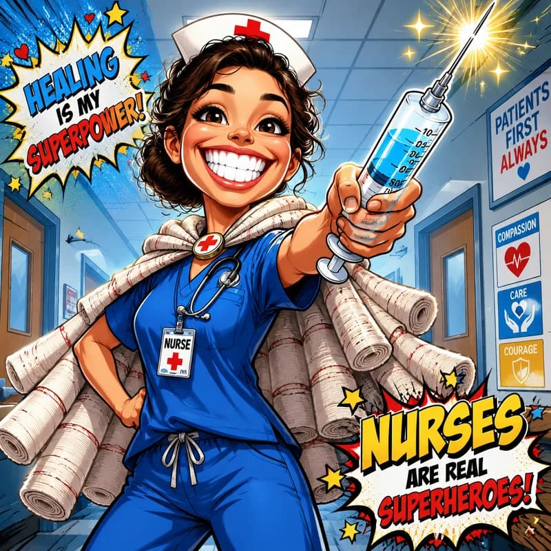 Caricature of a nurse wearing a bandage-roll cape in a comic hospital hallway