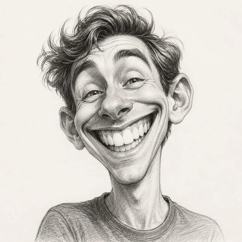 Black-and-white pencil sketch caricature with crosshatched shading