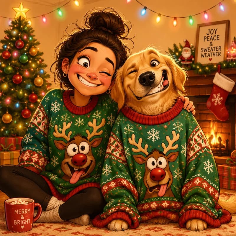 Caricature of a person and pet wearing matching ugly holiday sweaters
