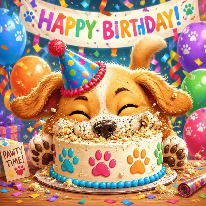 Caricature of a pet wearing a party hat celebrating its birthday with cake