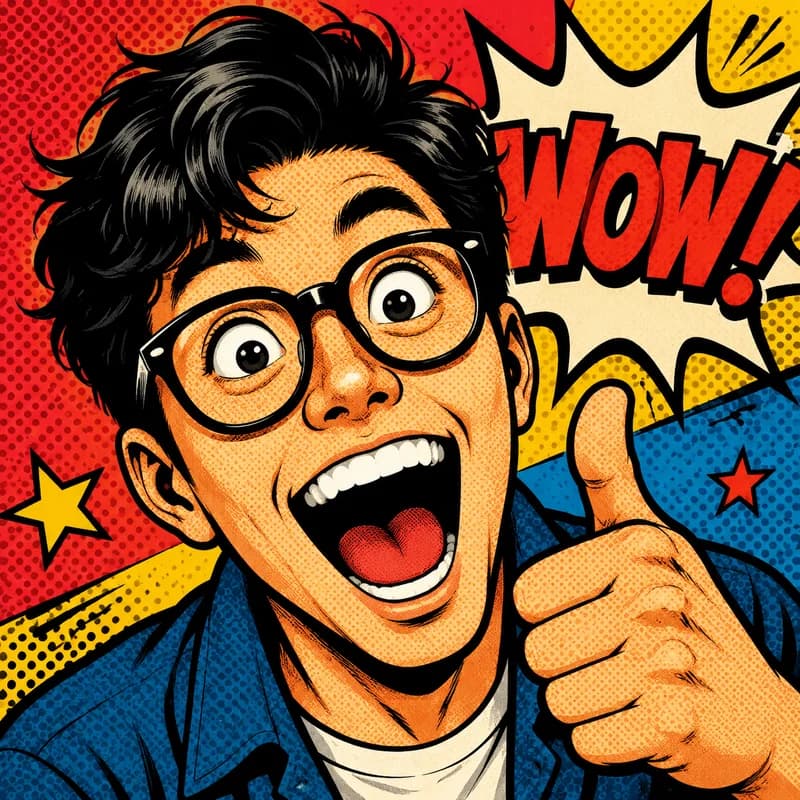 Pop-art caricature with bold outlines and halftone dot shading