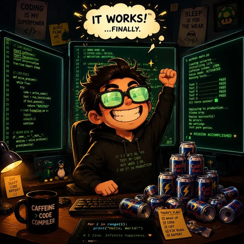 Caricature of a programmer surrounded by glowing code and energy drink cans