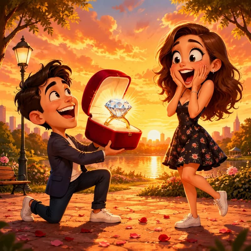 Caricature of a proposal moment with an oversized ring box in a sunset park