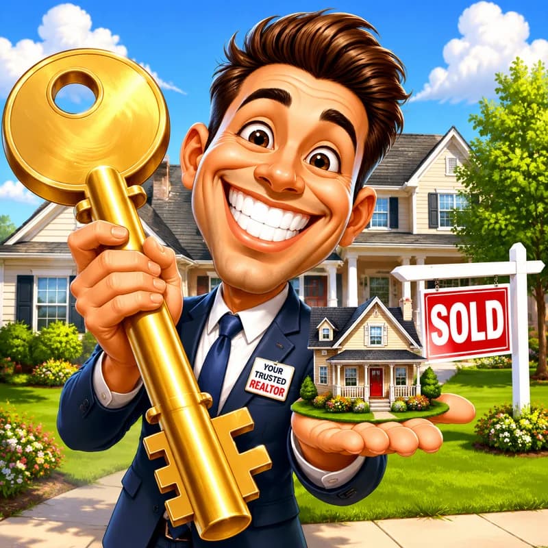 Caricature of a real estate agent holding an oversized key beside a SOLD sign