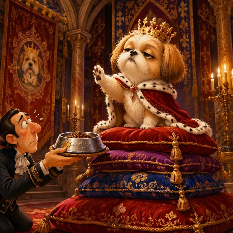 Caricature of a pet as a tiny monarch dismissing its dinner bowl from a cushion throne