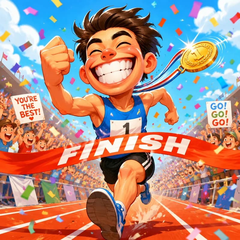 Caricature of a runner sprinting across a finish line with a flying medal