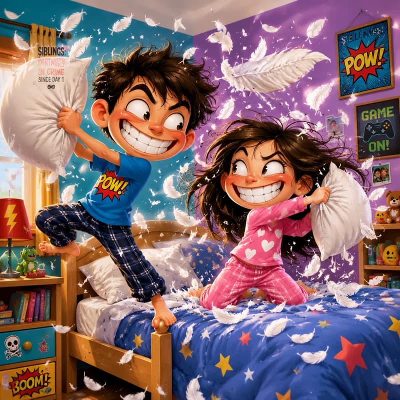 Caricature of siblings in a feather-filled pillow fight