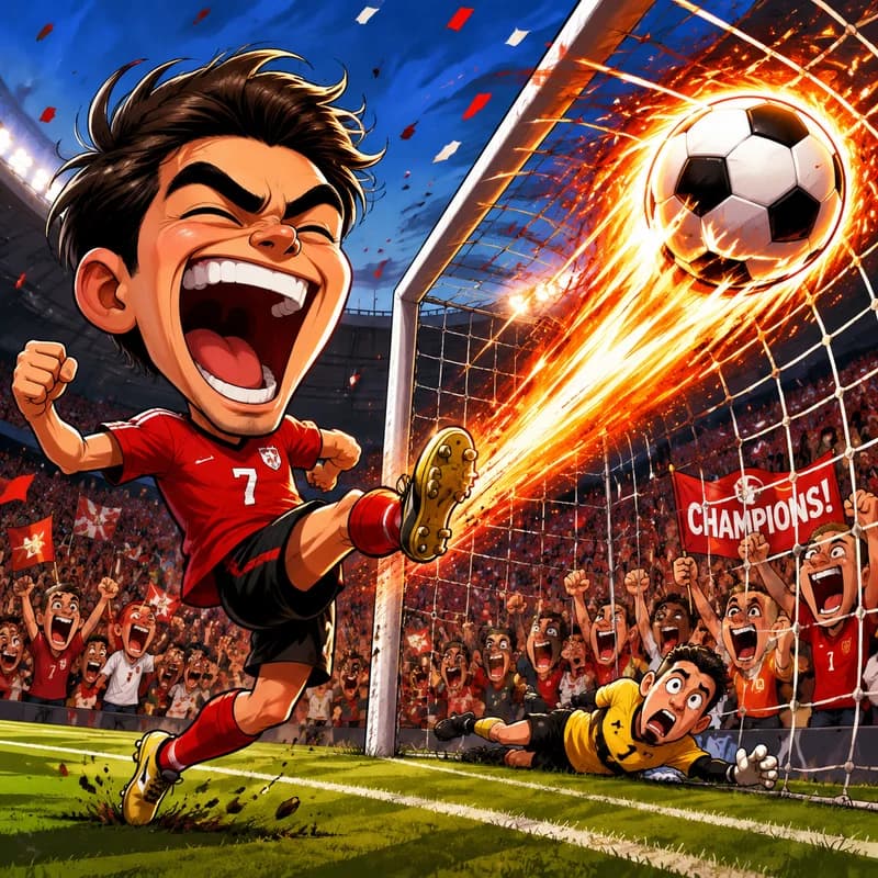 Caricature of a soccer player kicking a fiery ball into the goal net