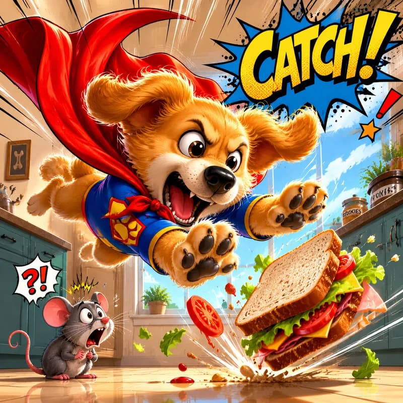 Caricature of a pet superhero diving to catch a falling sandwich in the kitchen