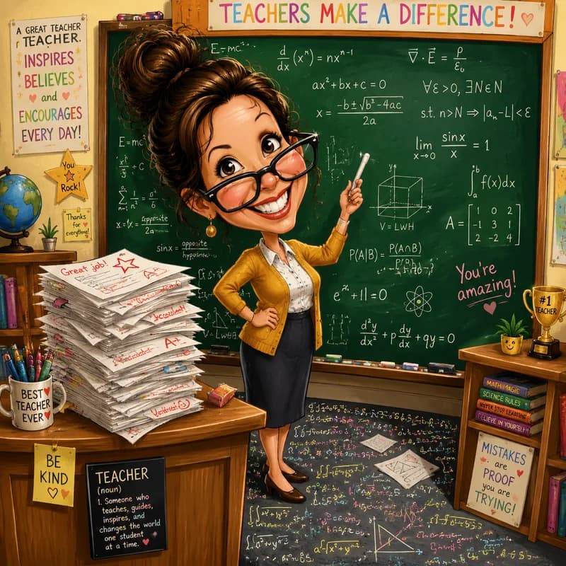 Caricature of a teacher in front of an overflowing chalkboard in a cartoon classroom