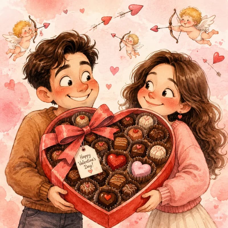Valentine's caricature of a couple holding an oversized heart-shaped chocolate box