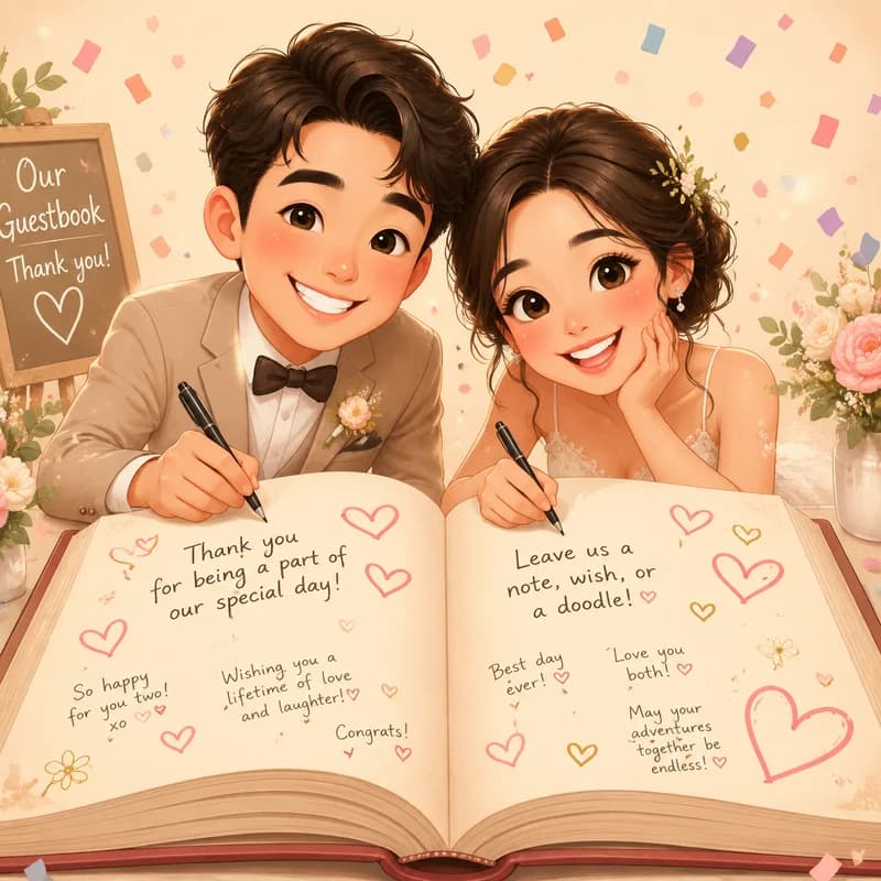 Caricature of a couple signing a giant wedding guestbook surrounded by confetti