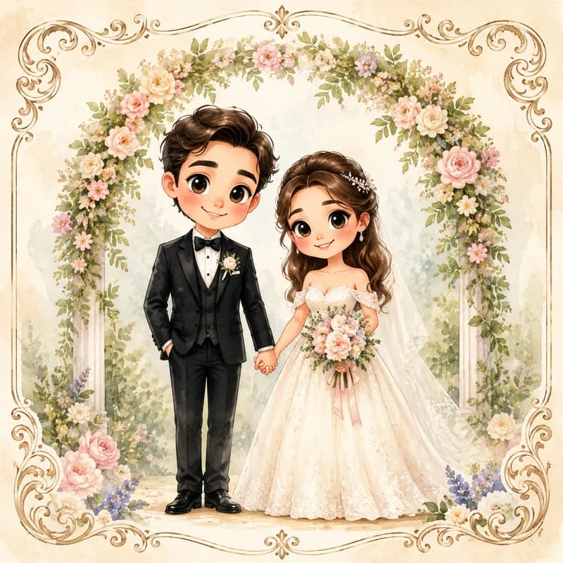 Storybook-style caricature of a couple for a wedding invitation with floral border