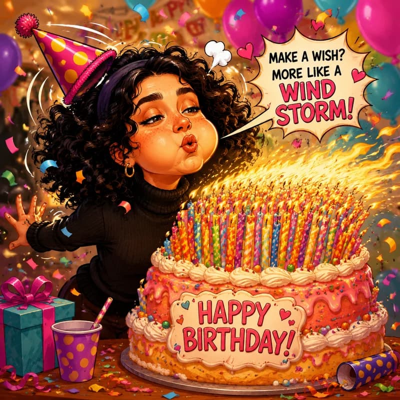 Caricature of a person blowing out a huge birthday cake overloaded with candles