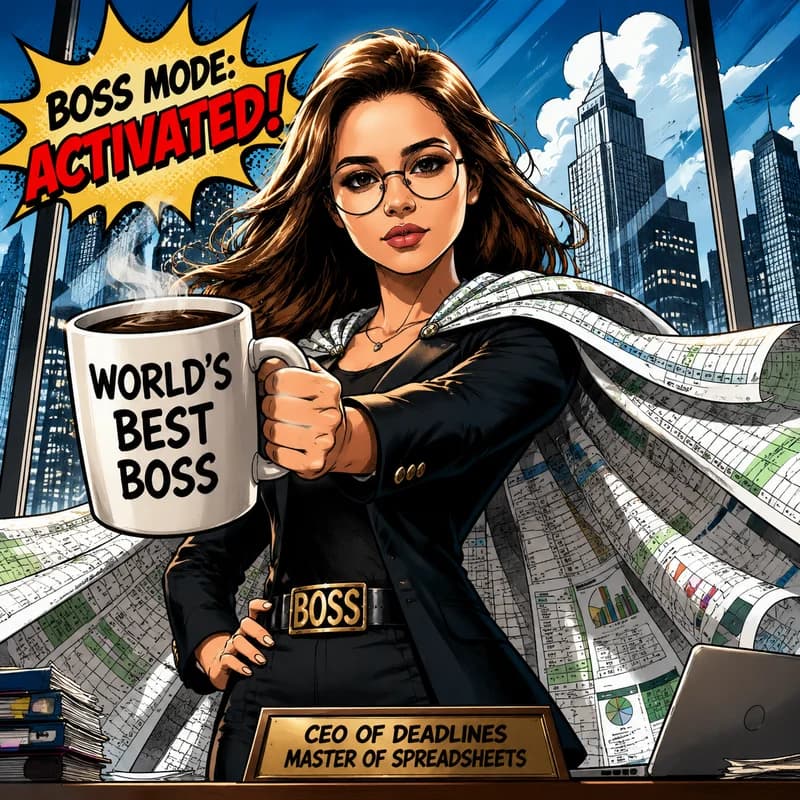 Caricature of a boss as a superhero with a spreadsheet cape and a giant coffee mug