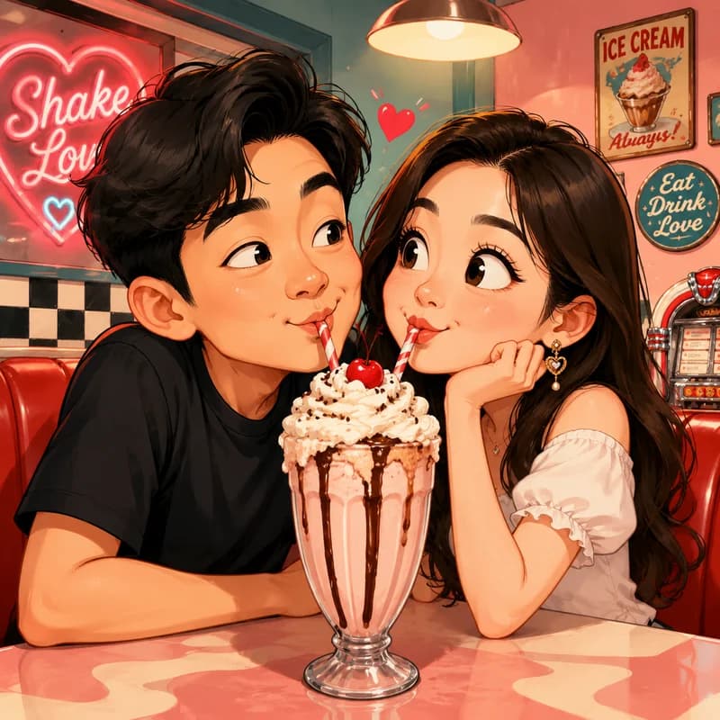 Caricature of a couple sharing one giant milkshake with two straws in a retro diner