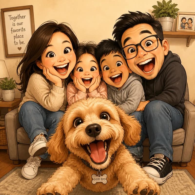 Caricature of a family squeezed onto one couch while their dog steals the spotlight