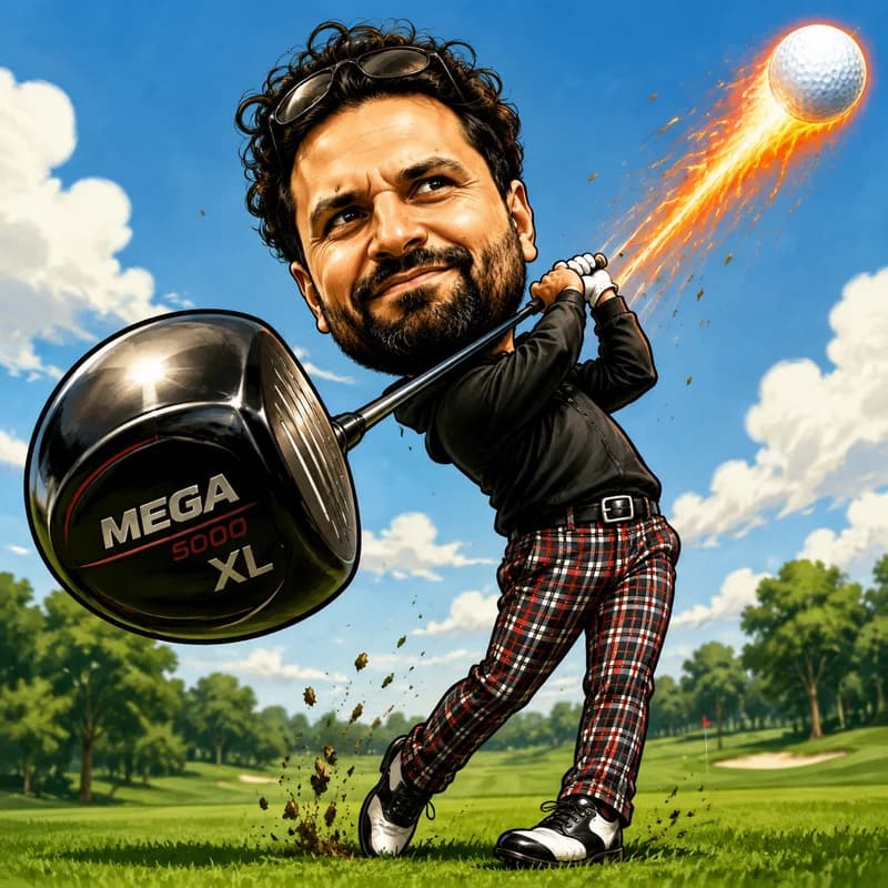 Caricature of a golfer mid-swing with a huge driver and a ball blasting off in flames