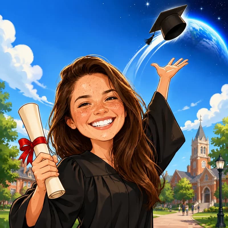 Caricature of a graduate tossing their cap so high it launches into space