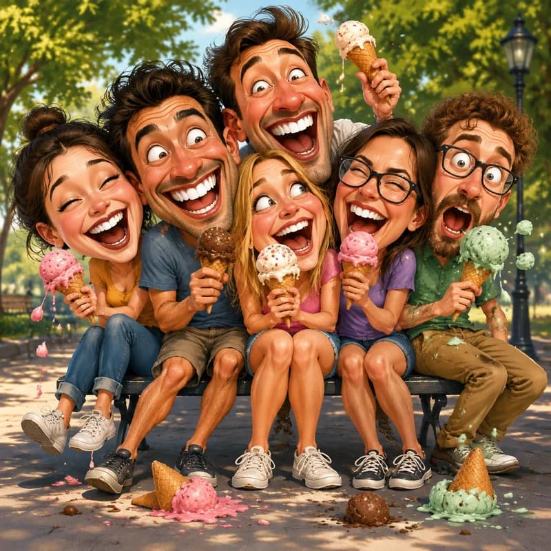 Group caricature of friends squeezed onto one tiny park bench with toppling ice cream cones