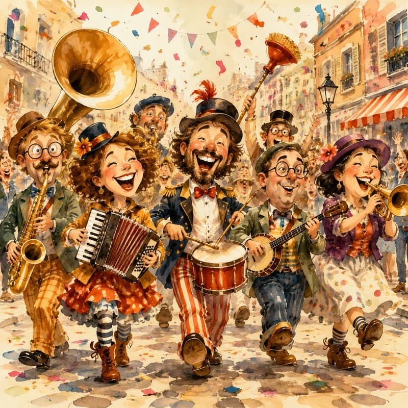 Group caricature of friends parading as a marching band with mismatched instruments