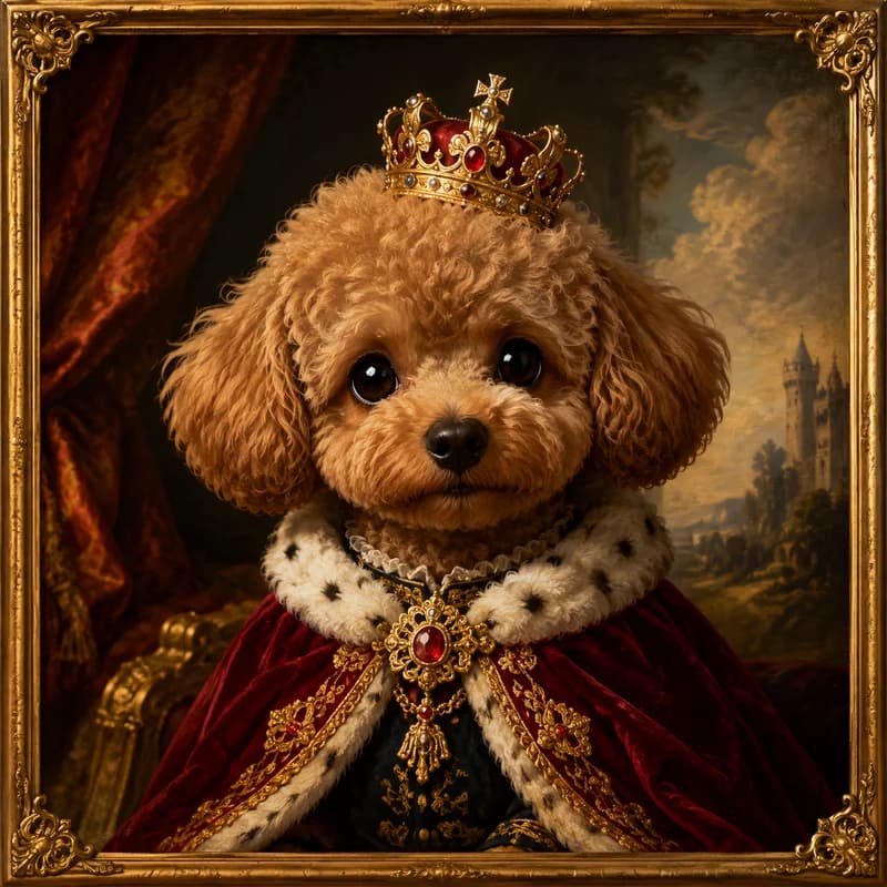 Caricature of a pet as royalty in a tiny crown and velvet cape, oil-painting style