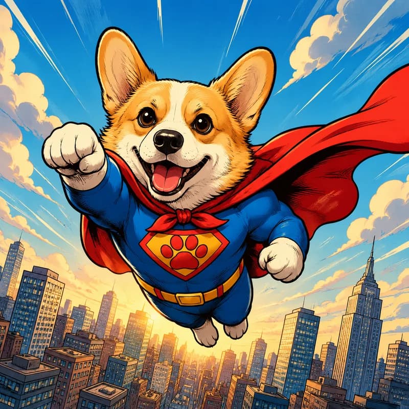 Caricature of a pet as a superhero flying over a city with a flapping cape