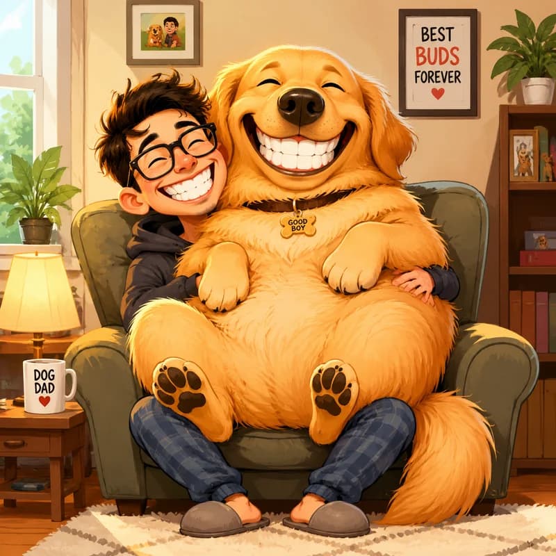 Caricature of a person and their oversized pet sitting on their lap, both grinning