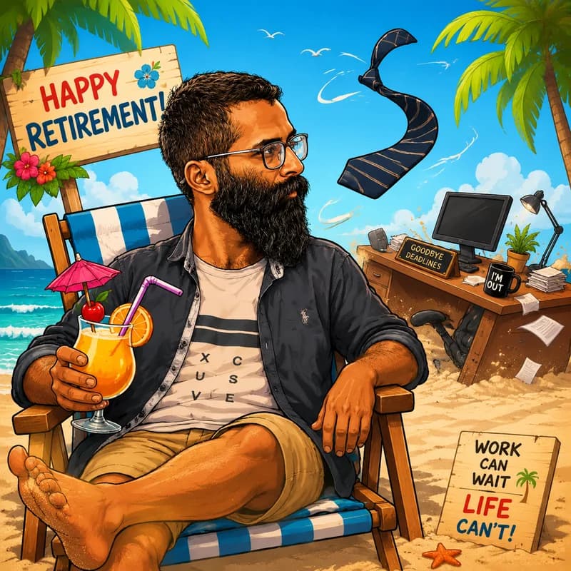 Caricature of a retiree kicking back in a beach chair with a tropical drink
