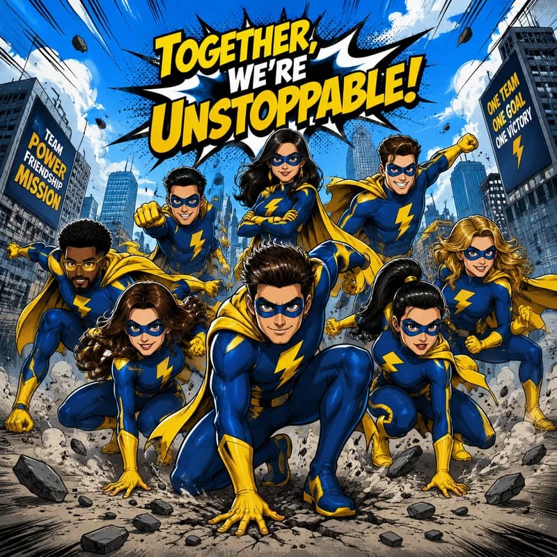 Caricature of a team as a superhero squad striking a dramatic landing pose together