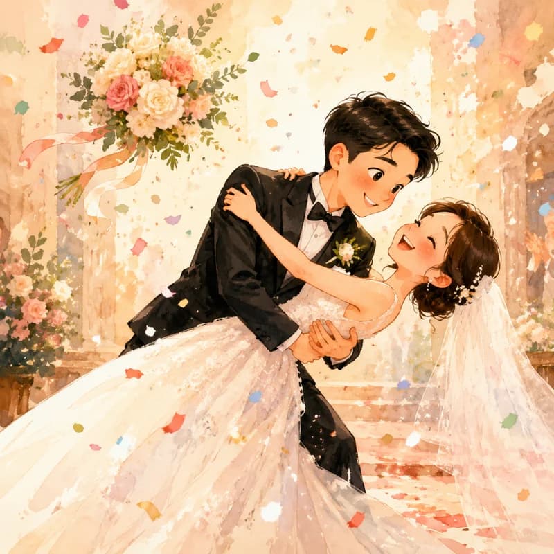 Caricature of a bride and groom in a dramatic wedding dip amid flying confetti